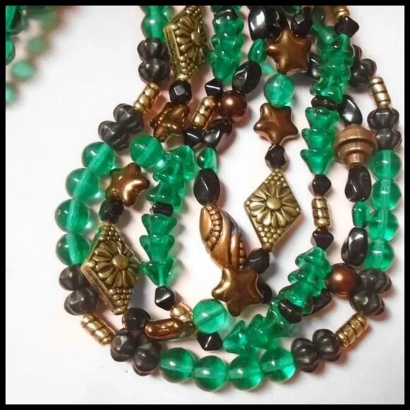 Vintage Emerald Green Glass & Copper Multi Strand Bead Necklace, OOAK - Picture 3 of 10